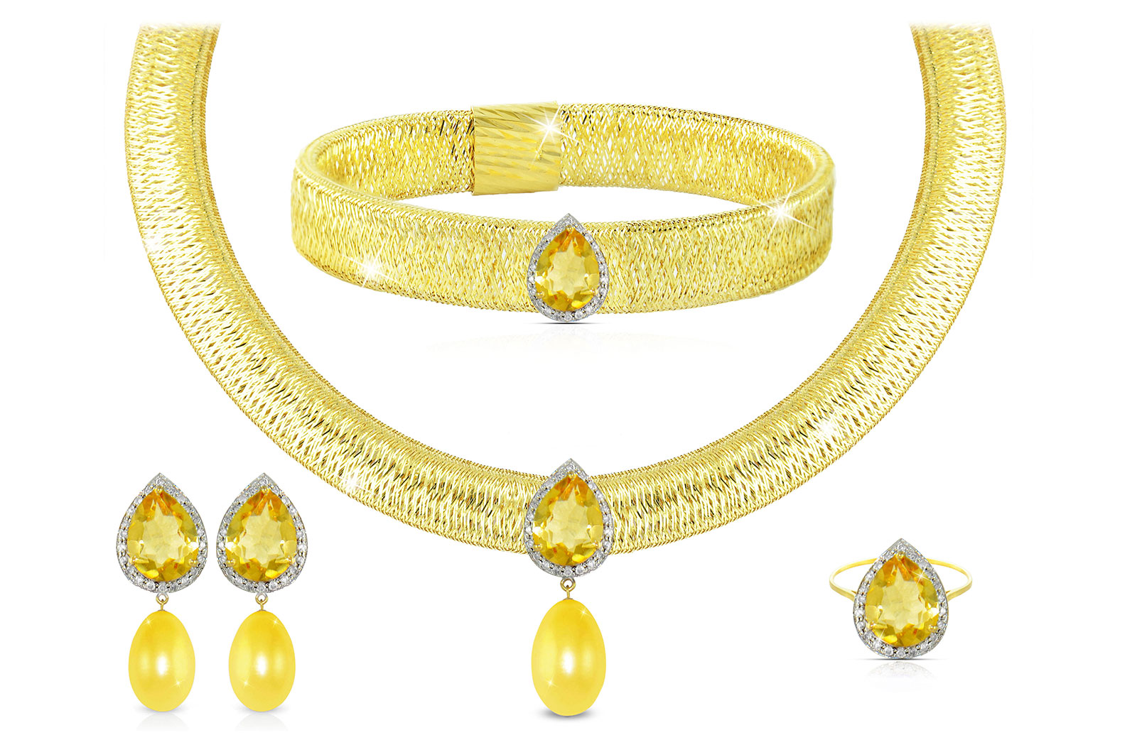 Vera Perla 18K Gold 0.60ct Diamonds, Citrine and 13mm Golden Pearl Jewelry Set - 4 pcs.